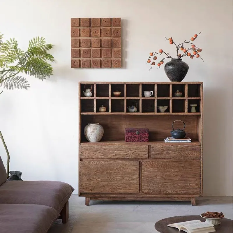 

Solid wood dining side Weathered tea cabinet Teacup rack Homestay Zen storage storage Old elm side cabinet