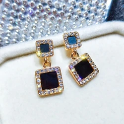 Black Enamel Square Dangle Earrings for Women Crystal Side Double-layers Round Star Pendants Hanging Earrings female oorbellen