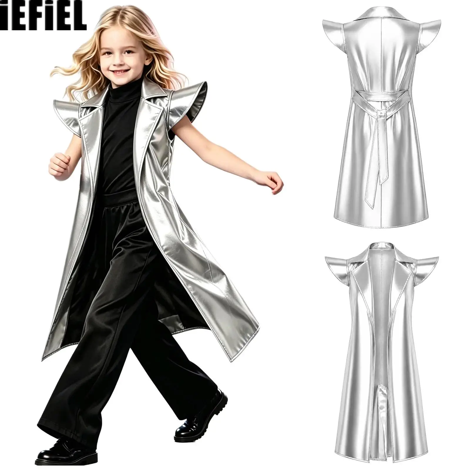 Kids Boys Girls Metallic Trench Coat Cap Sleeve Lapel Collar Open Front Belted Long Coat with Pockets