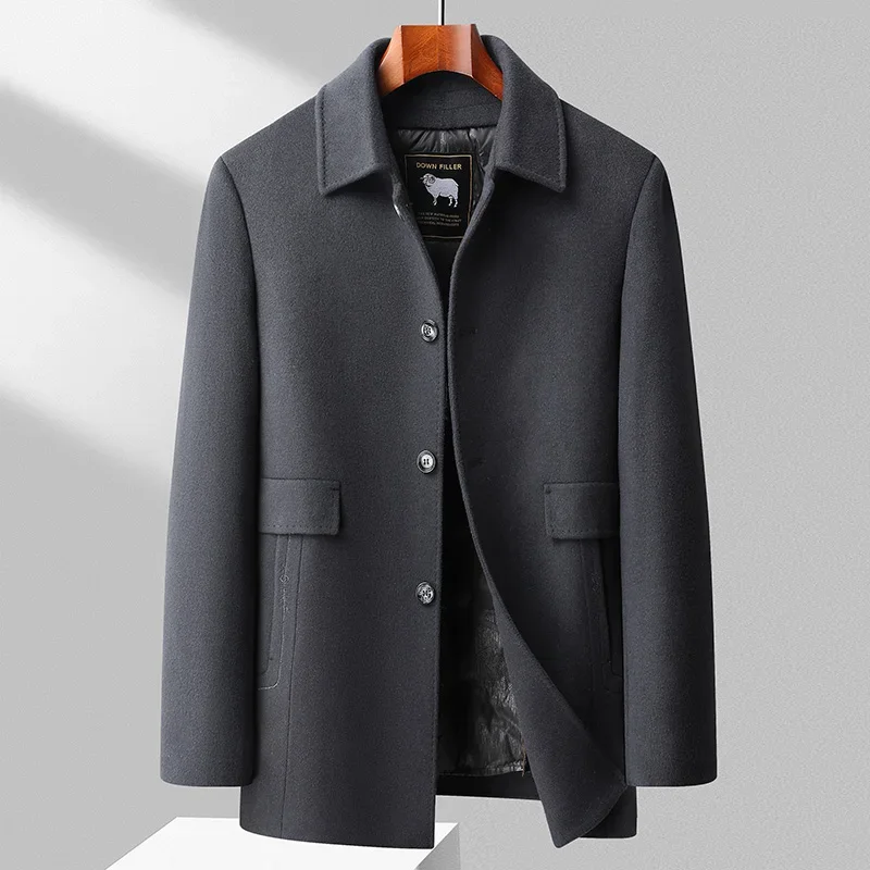 Autumn Winter Detachable Goose Down Inner Warm Woolen Coat Business Casual Solid Thick Overcoat Mid-Length Wool Windbreak Jacket