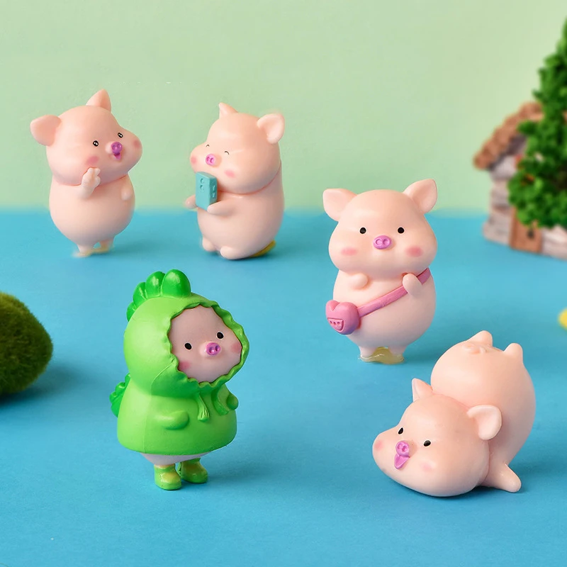 10Pcs Random Cute Cartoon Pink Pig Figurine Miniaturas Ornament Resin Piggy Statue Collection Toy Fairy Garden Mini Miniatures