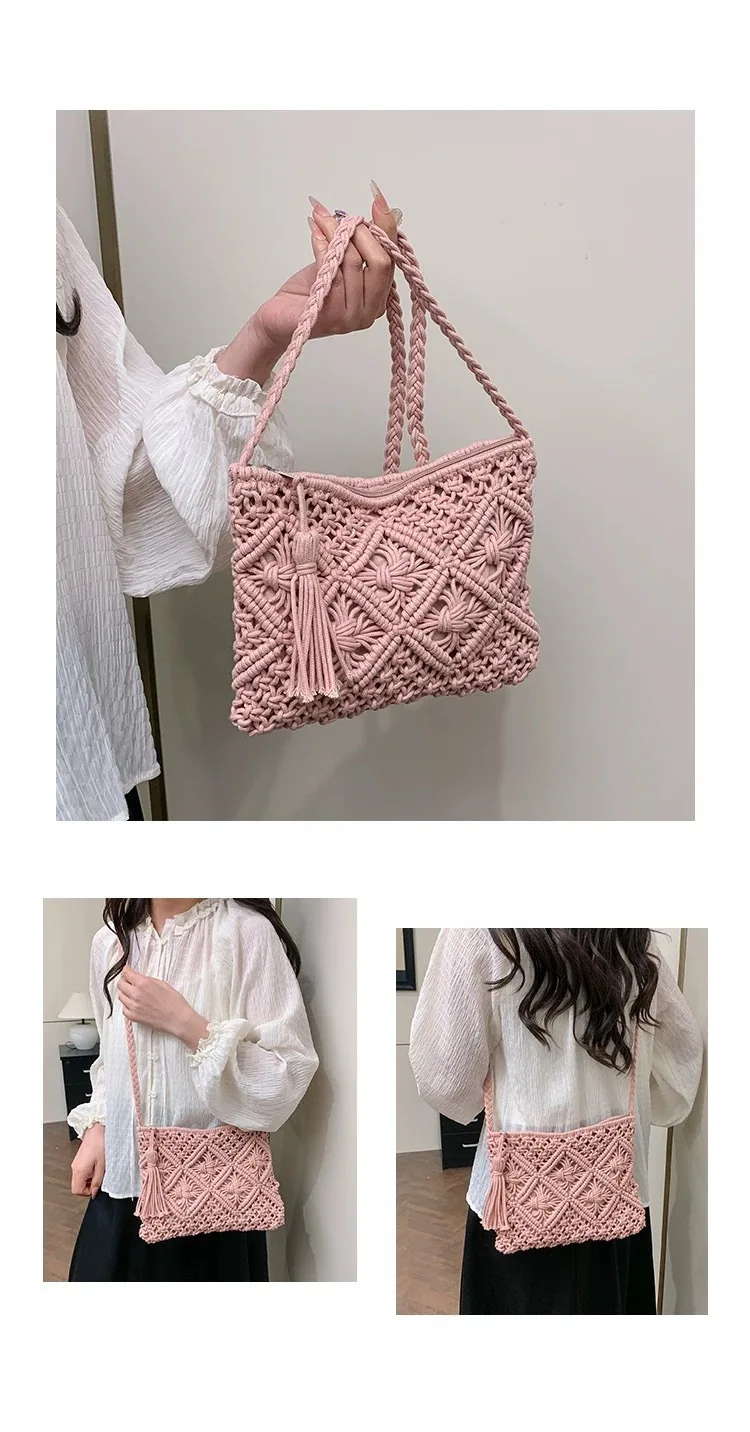 Retro Fransen-Kunststrohtasche, einfache Sommer-Strandtasche, gewebte Schultertasche, lässiges Accessoire für Damen – Detail 16