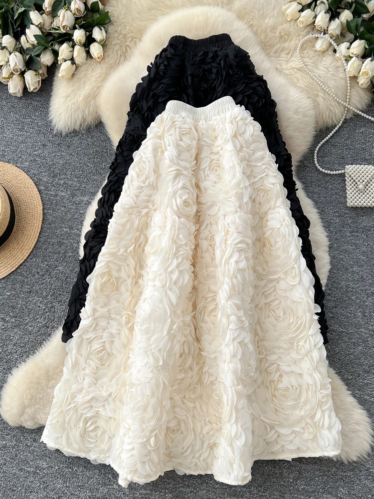 Fashionable 3D Floral Heavy Embroidery Half Skirt Women's Puffy High Waist Slimming Skirt Korean Style Commute Polyester Fiber