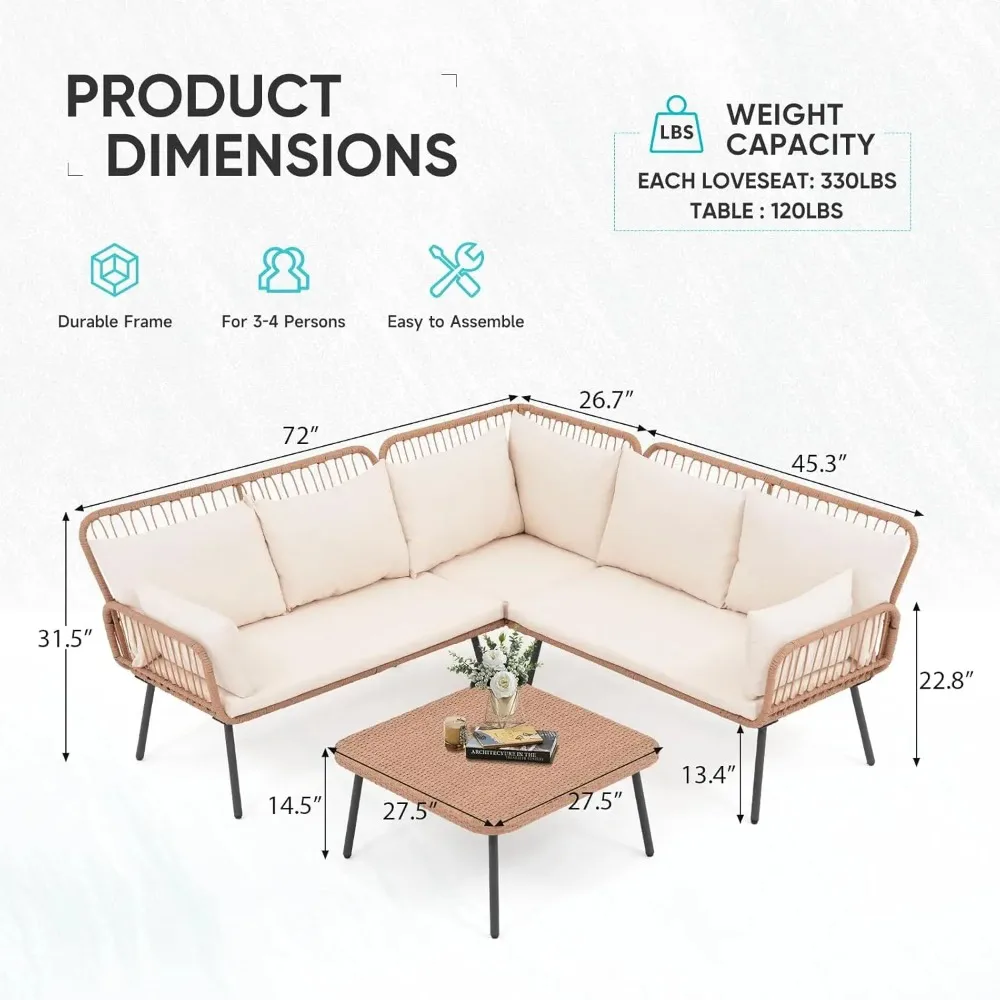 

4 Piece Outdoor Patio Furniture Set, Outdoor Wicker Sectional Couch, Balcony Furniture Set with Cushions & Square, Customized
