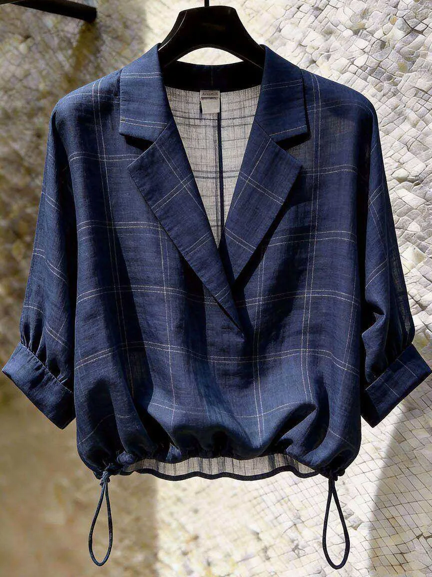 Unique Blue Plaid Loose Fit Women's Top with Drawstring V-Neck Short Sleeve Casual Style Fashionable Summer New Arrival