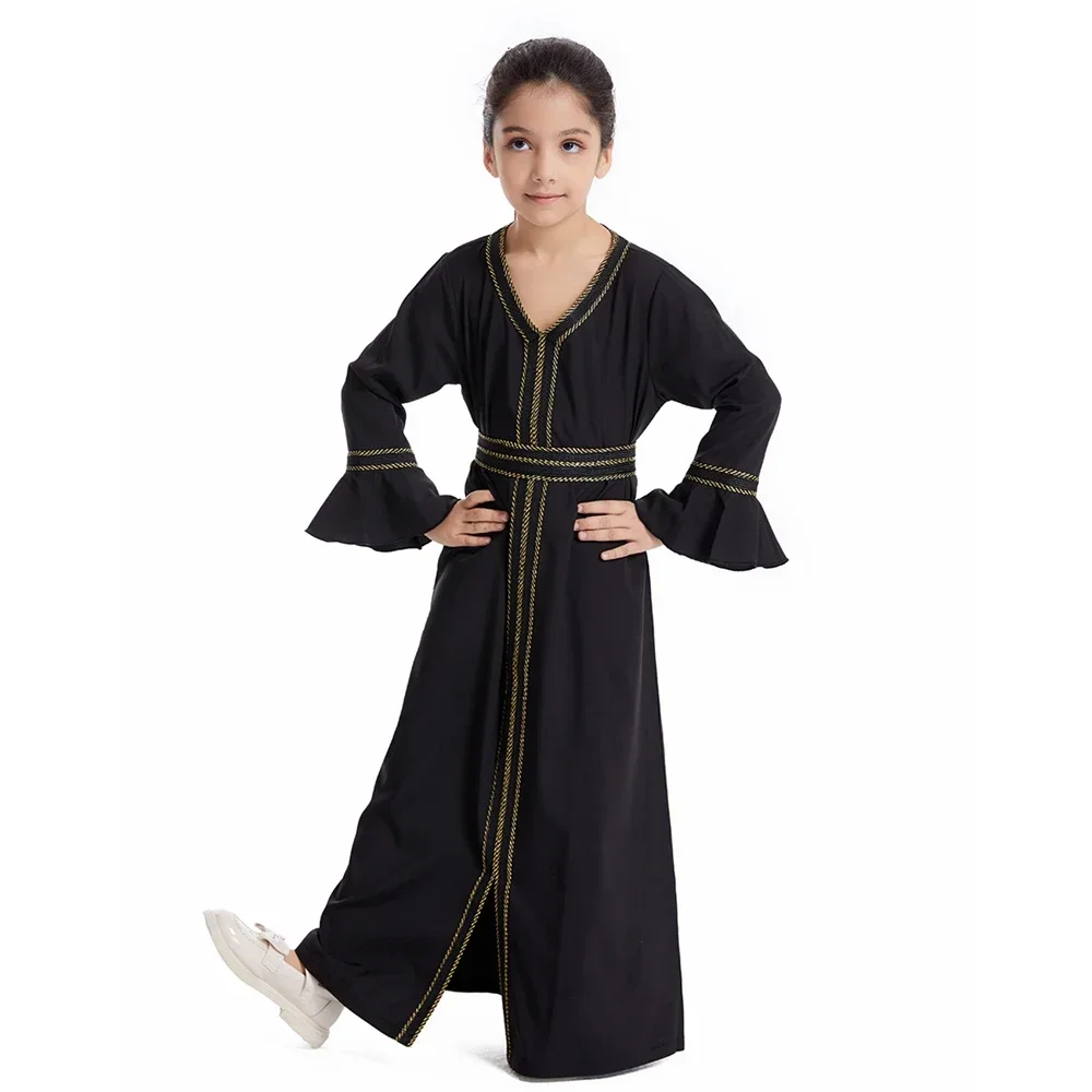 Muslim Girls Long Dress Ramadan Abaya Children Long Sleeve Kaftan Gown Arab Prayer Robe Turkish Kids Djellaba Islamic Clothing