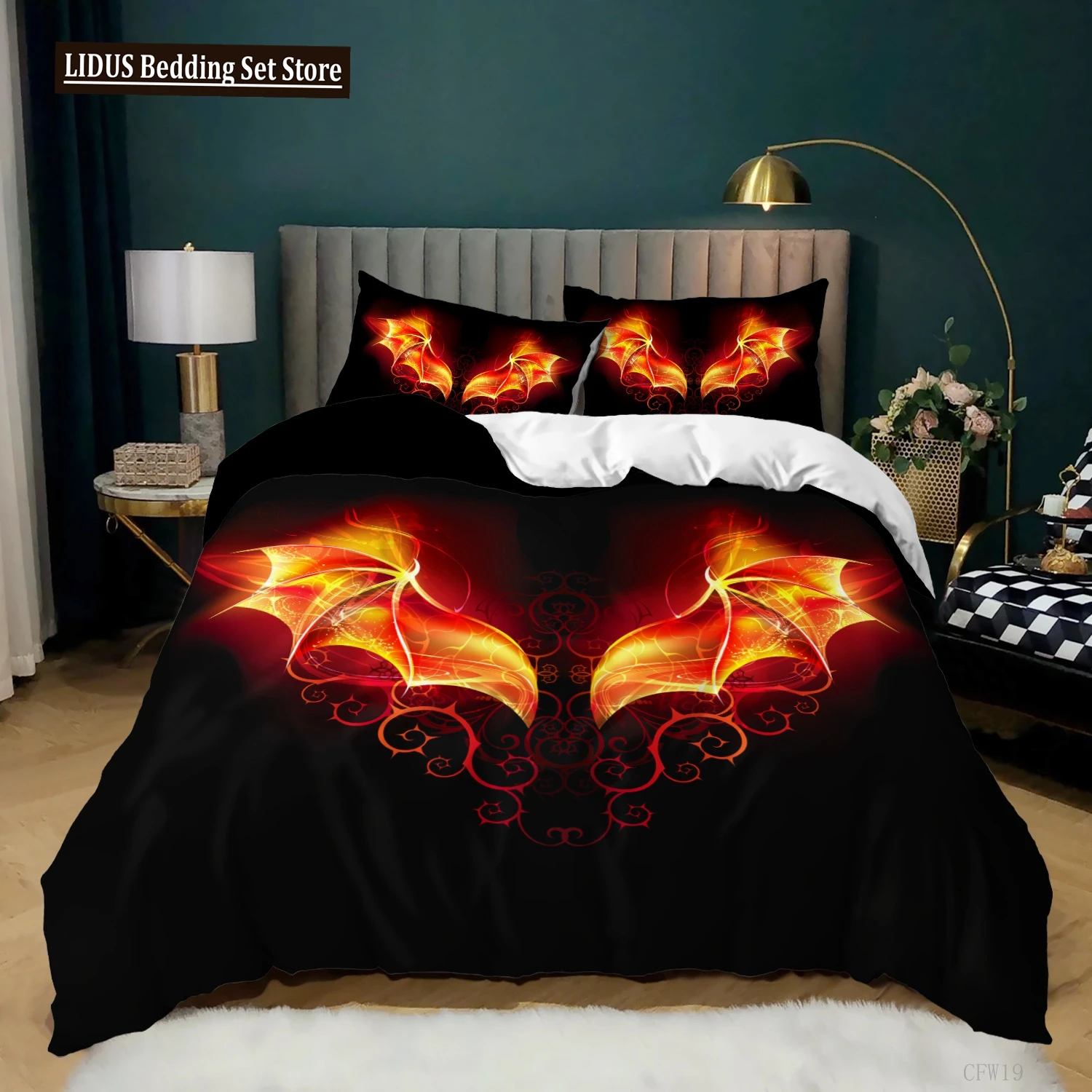 

Angel Wings Duvet Cover Set Black Background Bright Orange Wing 3D Print Comforter Cover King Queen Size Polyester Bedding Set