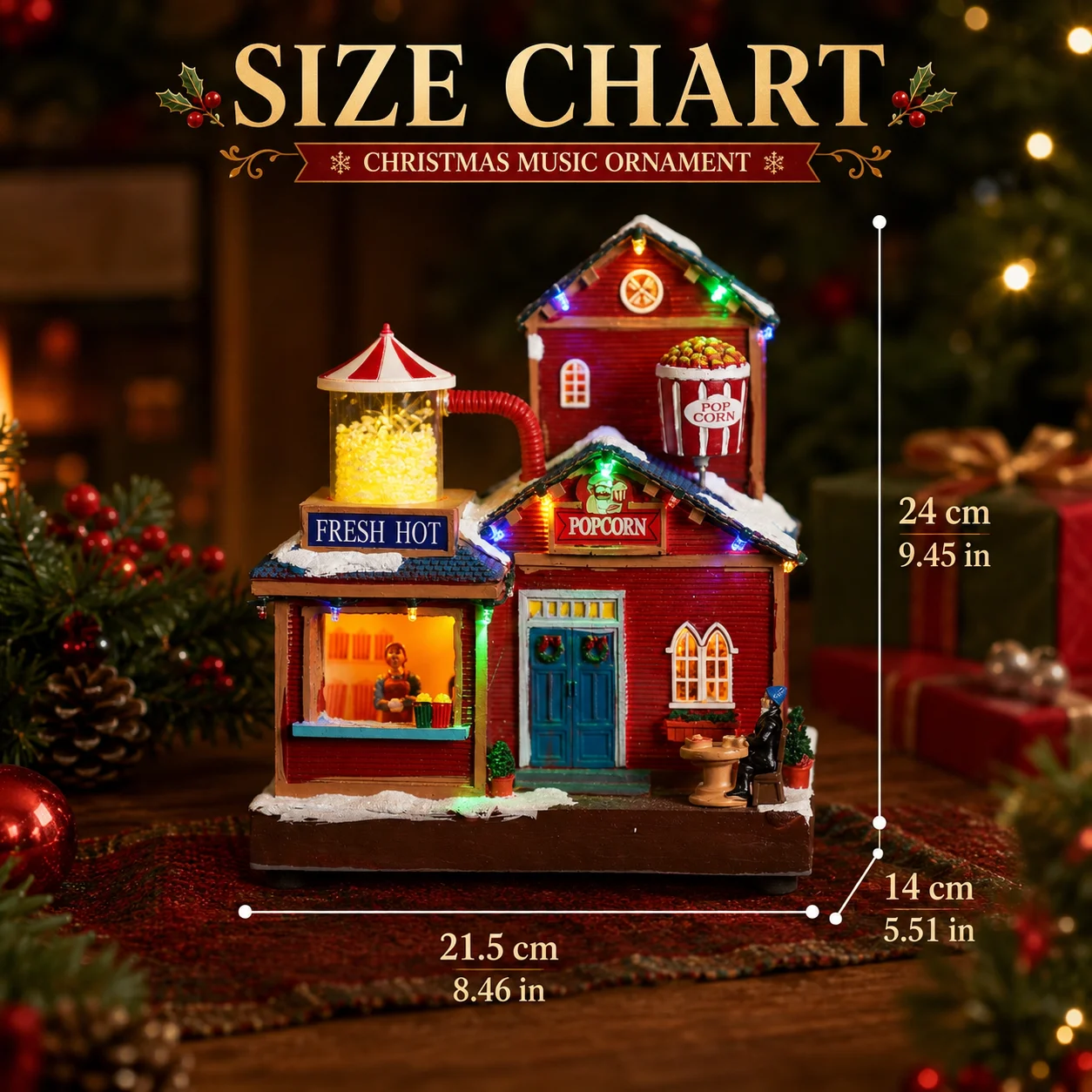 Christmas Popcorn Factory Music Box Resin, Simulated Popping Action & Rotating Bucket LED Lights 8 Songs 24cm