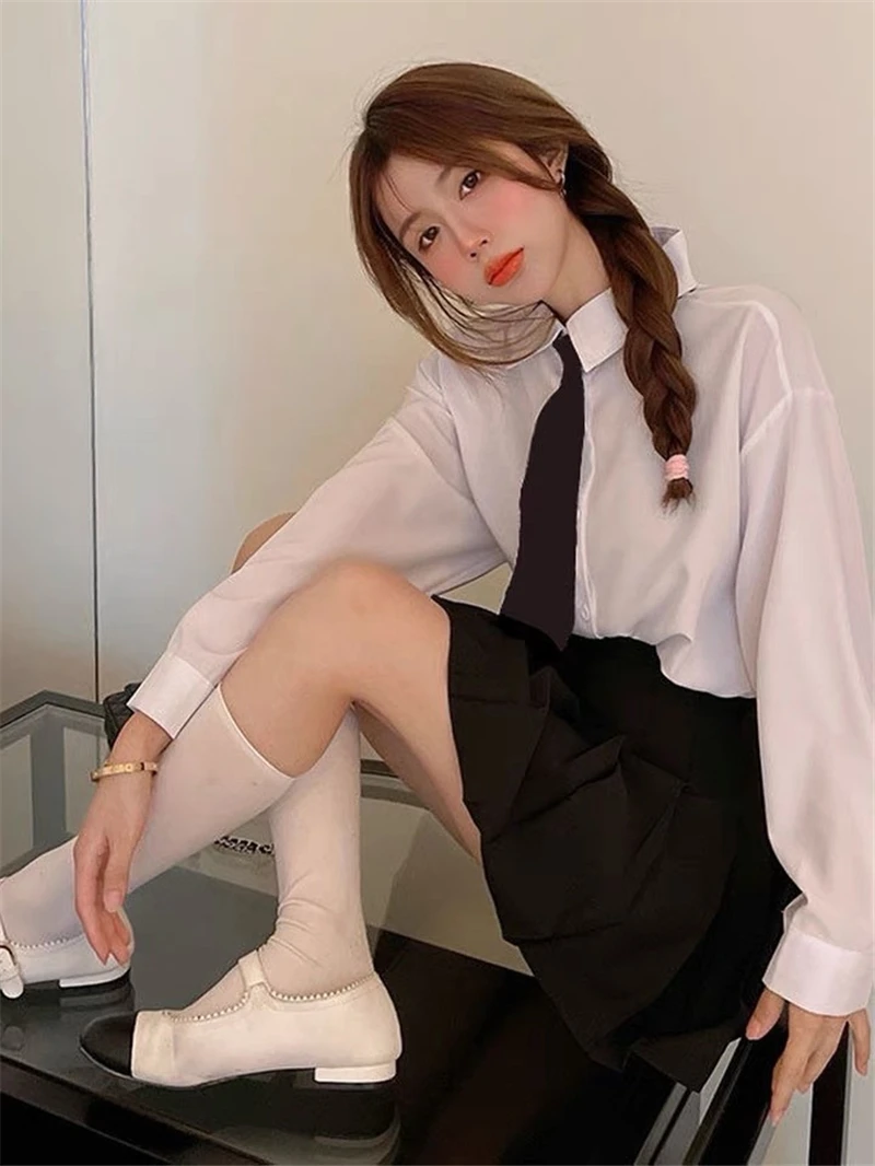 Basic style Long Sleeve White Blouse Shirt For Boys Girls Middle High School Uniforms School Dress Jk Uniform Top + Tie