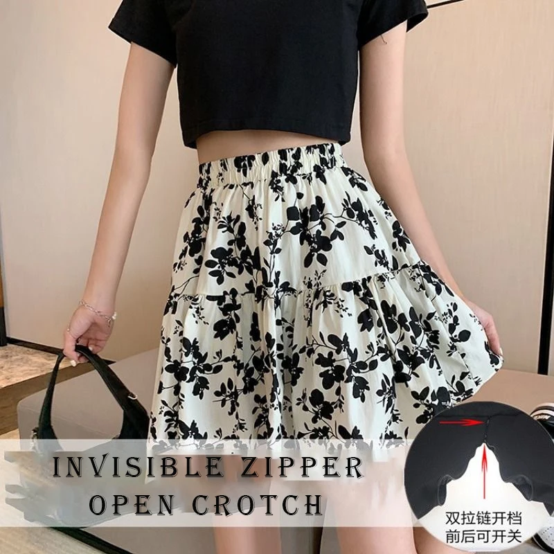 Sexy Invisible Zipper Open Crotch Black Skirt Summer Floral Print Plus Size Outdoor A Line Bottoms