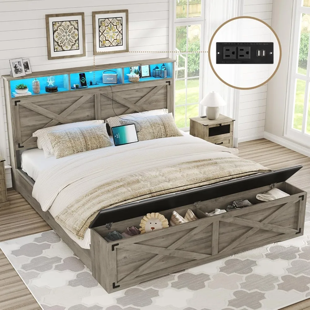 

DICTAC Farmhouse Bed Frame Queen Size with Storage Headboard, Charging Station and Ottoman Rustic Queen Platform Bed Frame with