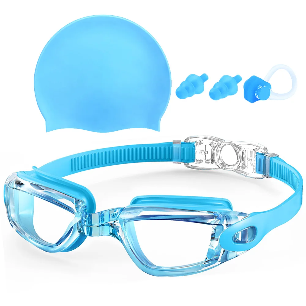 Schwimmbrillen und Silikon-Badekappen-Sets mit Nasenklammer-Ohrstöpseln, wasserdicht, kein Auslaufen, beschlagfrei, UV-Schutz, Schutzbrille – Detail 16