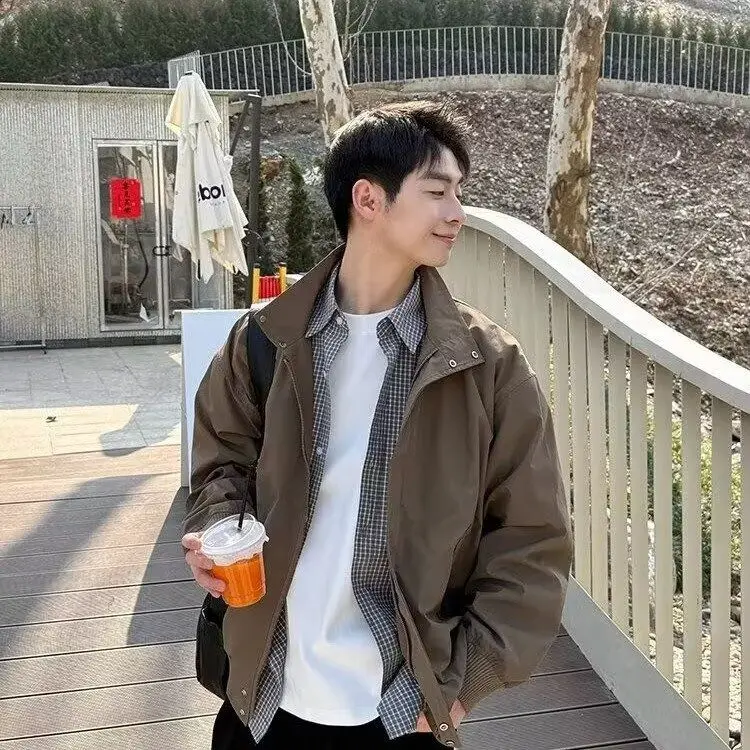 

Khaki Stand Collar Jaet Spring Autumn Men's Loose Versatile Casual Outerwear Pure Color Simple Design Stand Fit