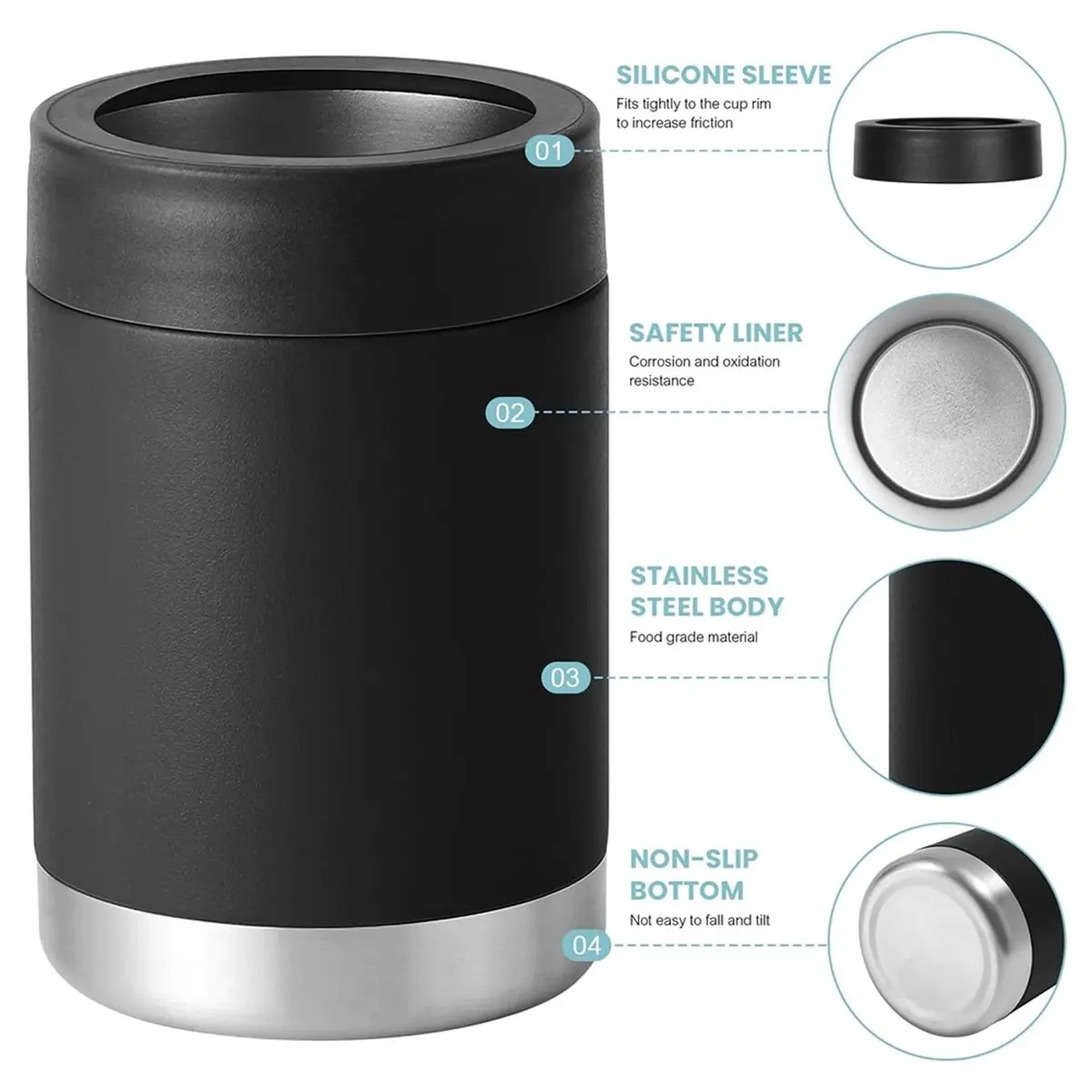 Multi-use Gear Can Cooler for Regular 12 Oz Bottles,Stainless Steel Double-Walled Insulated Beer Can Cooler (Single Lid-Black, 1
