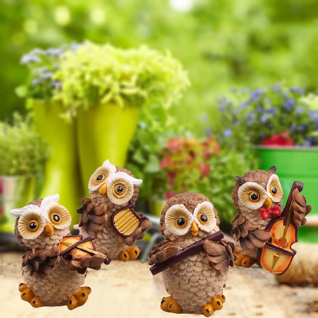 4x Resin Animal Crafts, Owls Statue Decorations Indoor Outdoor Fairy Garden Yard Ornament Decoration Miniature Figurine