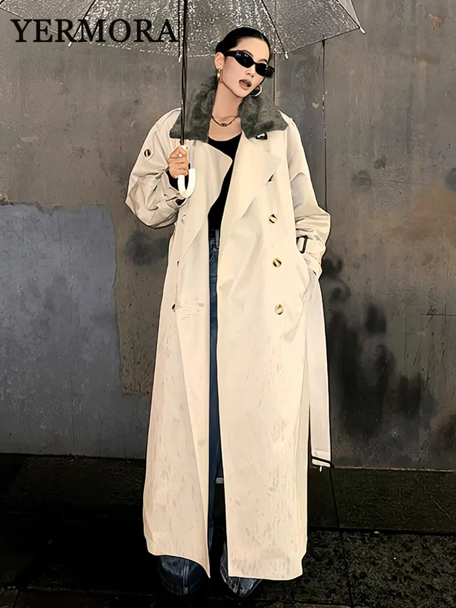 YERMORA khaki button elegant trench for women spliced fur collar long sleeve fashion tide windbreaker autumn winter 2024 new A27