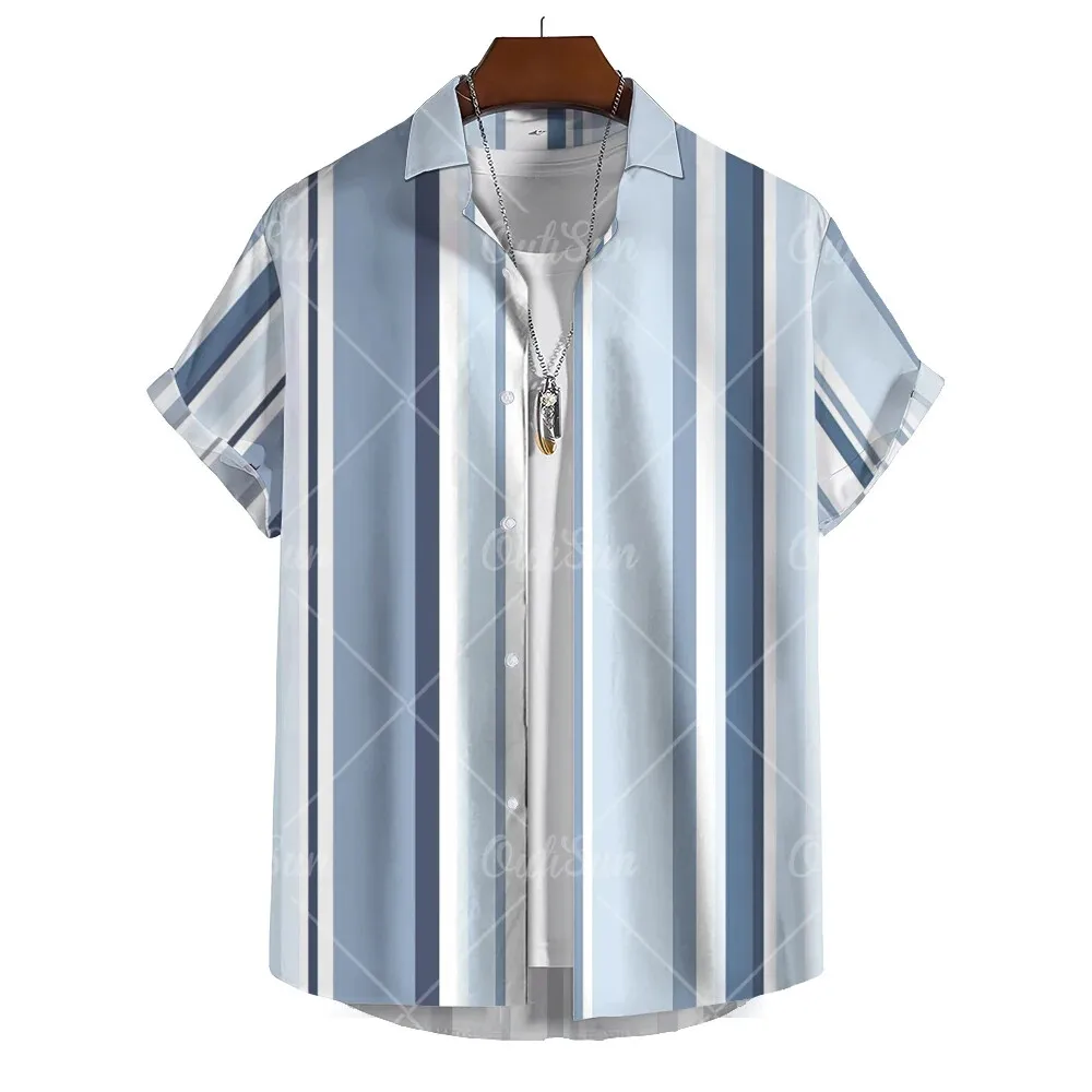 Summer Fashion Stripe Print Men\'s Casual Short Sleeve Shirt Daily Casual Business Wear Tops Oversized T-Shirt Size S-5XL