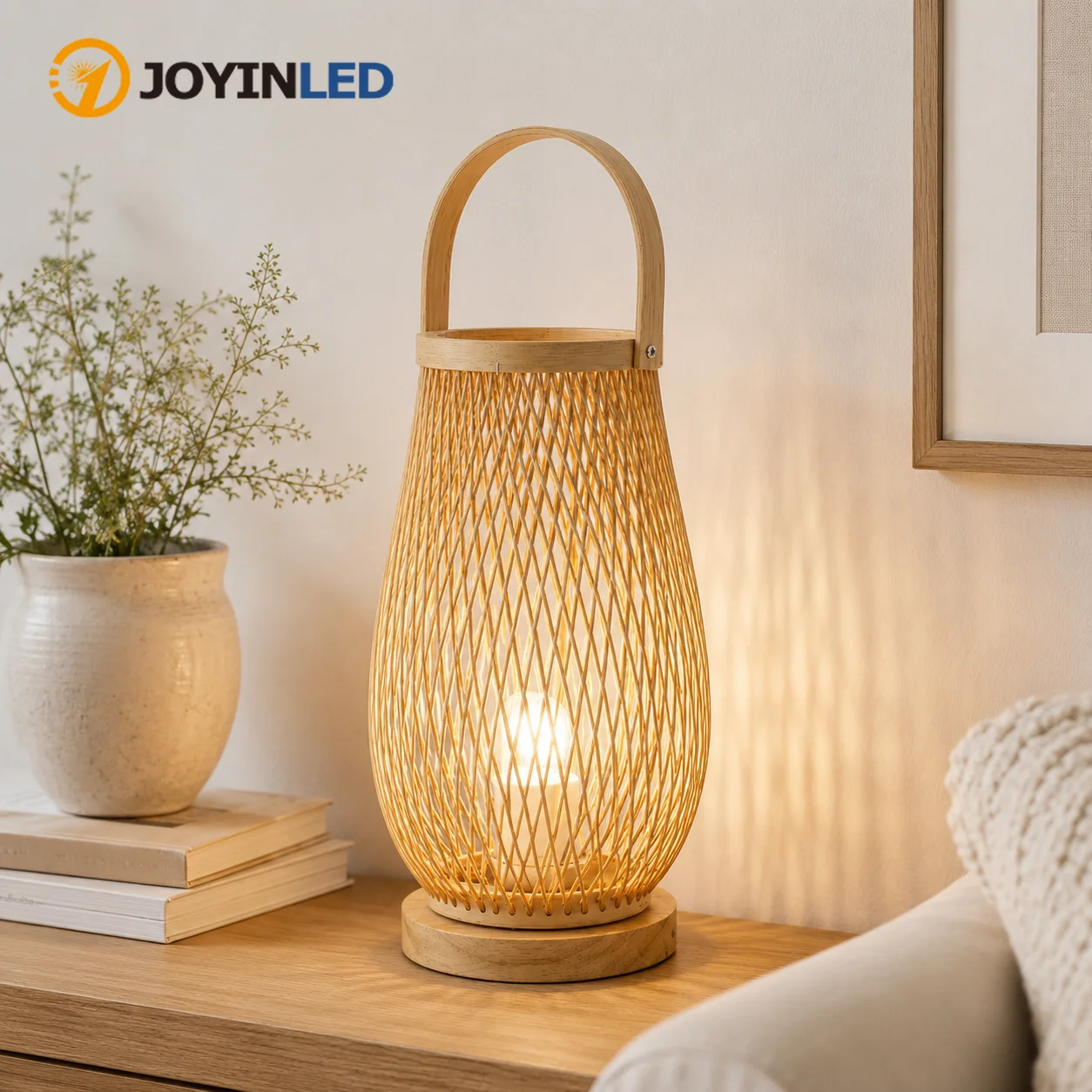 JOYINLED Modern Handwoven Bamboo Table Lamp, Rattan Bedside Desk Light with Wood Base for Bedroom, Living Room, Art Home Decor
