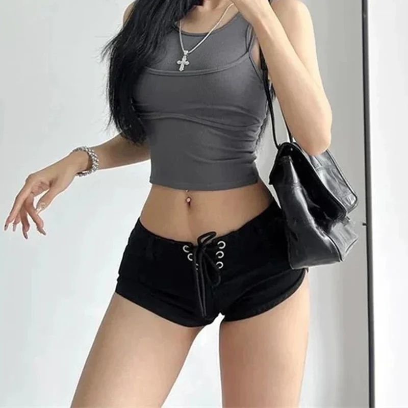Y2K 2000S Black Denim Shorts Women Sexy Low Rise Bandage Shorts Jeans Summer Streetwear Fashion Slim Hot Short Pants New