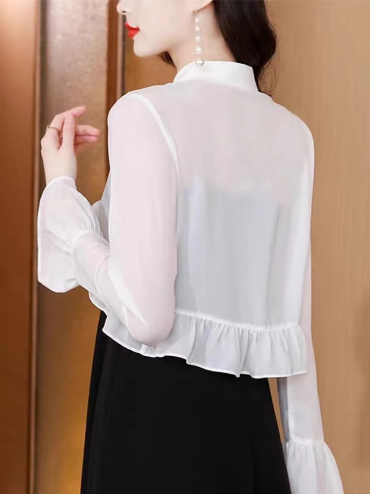 

Bla Lace ell Top Spring Summer Thin round Ne Svel Organza Sun Protection Women's Faion Loose Fit Long Sve