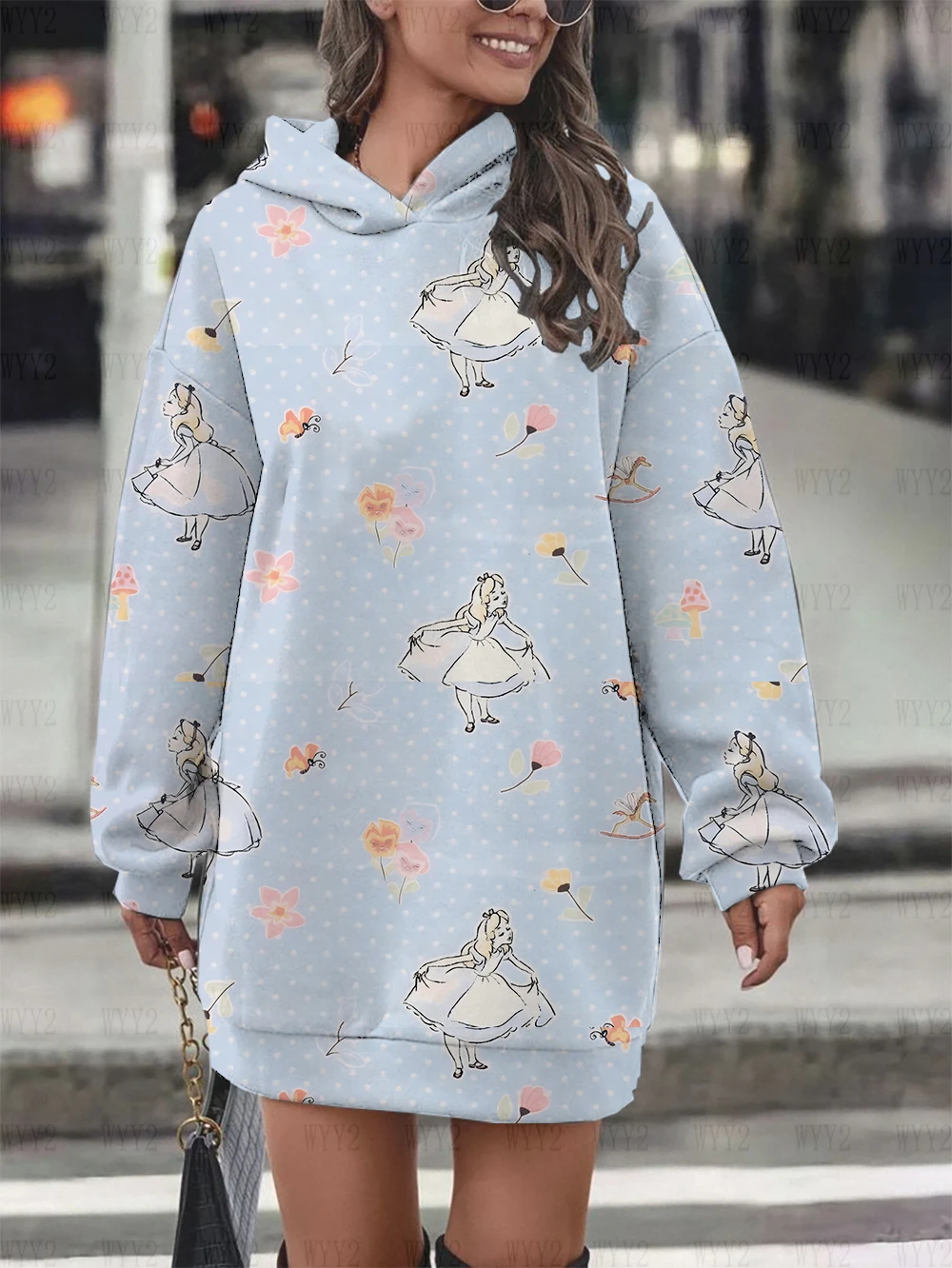 Disney-Muster Herbst und Winter Damen neues bedrucktes Kapuzenpulloverkleid locker lässig einfaches langärmeliges Kleid bequem