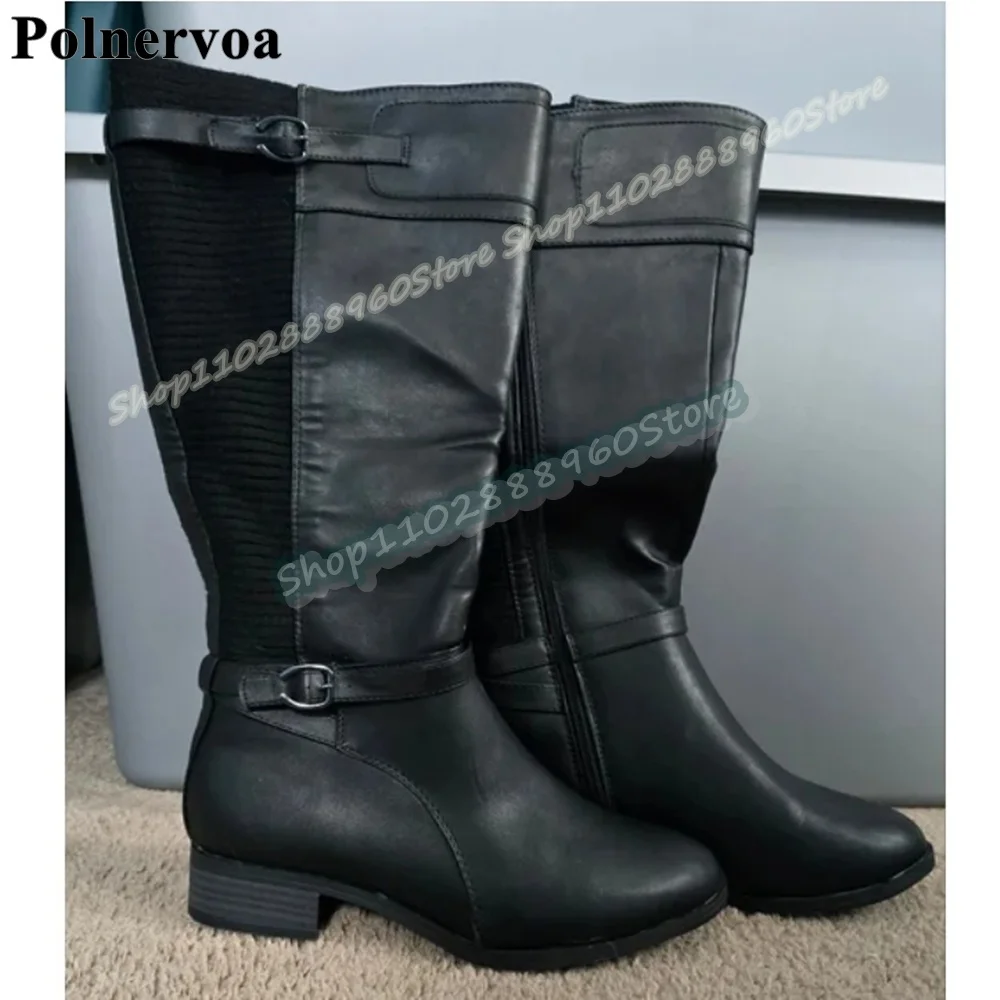 

Knee High Black Leather Patchwork Buckle Strap Boots Flats Shoes For Women Side Zipper Round Toe Fashionable Zapatos Para Mujer