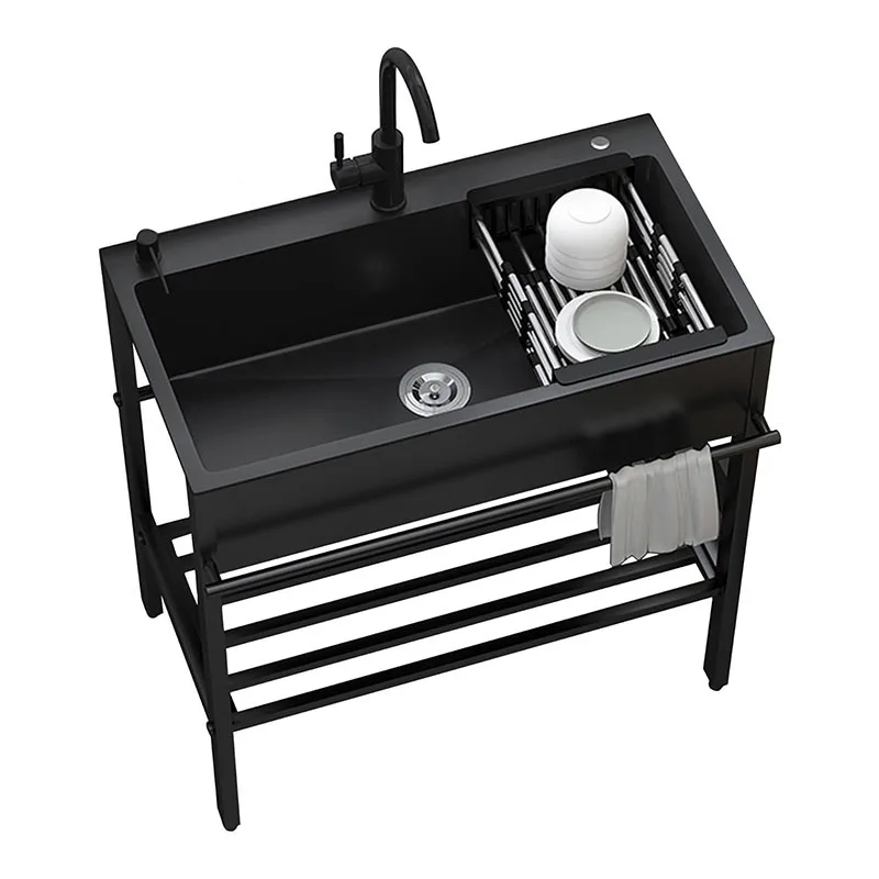 Black stainless steel bracket, kitchen sink integrated vegetable basin, large single sink, balcony dishwashing basin set