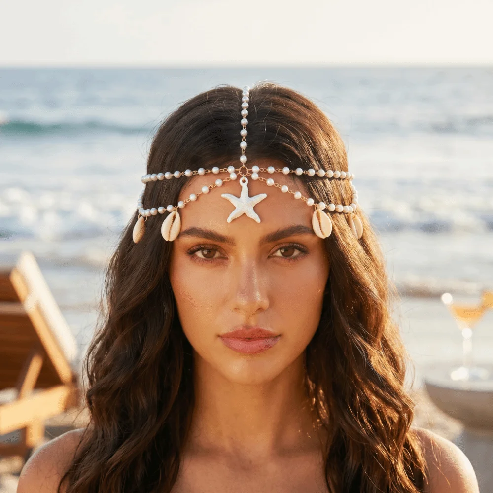Shell Head Chain Pearl Boho Head Chain Ocean Style Fashion Bohemian Hair Chain Elegant Starfish Beaded Head Piece Casual Wear