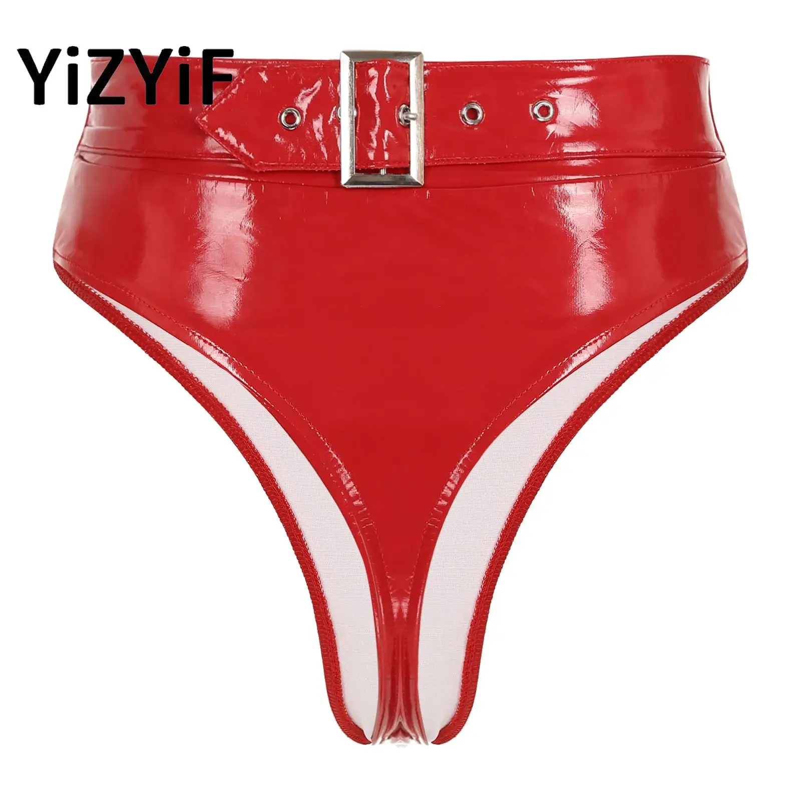 Womens Sexy Lingerie Glossy Patent Leather Panties Adjustable Buckle Belted Thongs Zipper Crotch Hot Pants Booty Shorts Clubwear