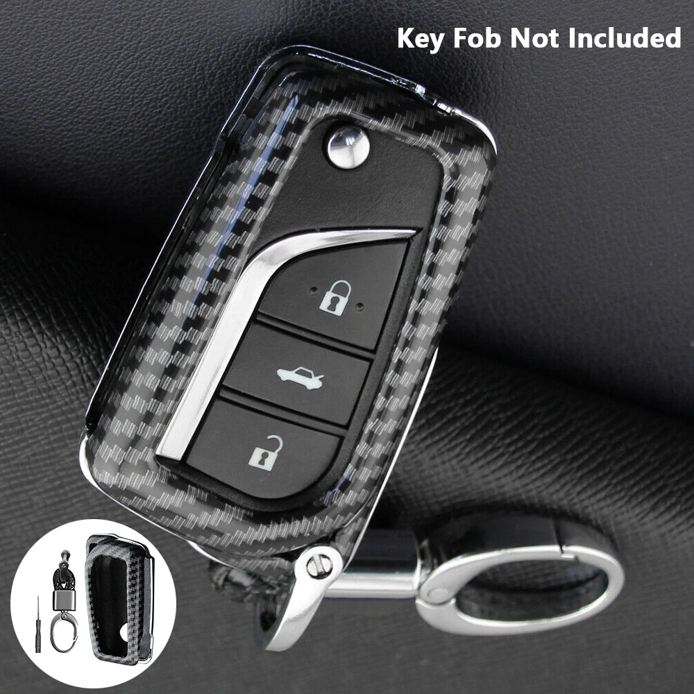 Carbon Fiber Style Car Key Fob Case Cover Shell with Keychain For Toyota RAV4 Camry C-HR Corolla Hatchback 2019 2020 2021