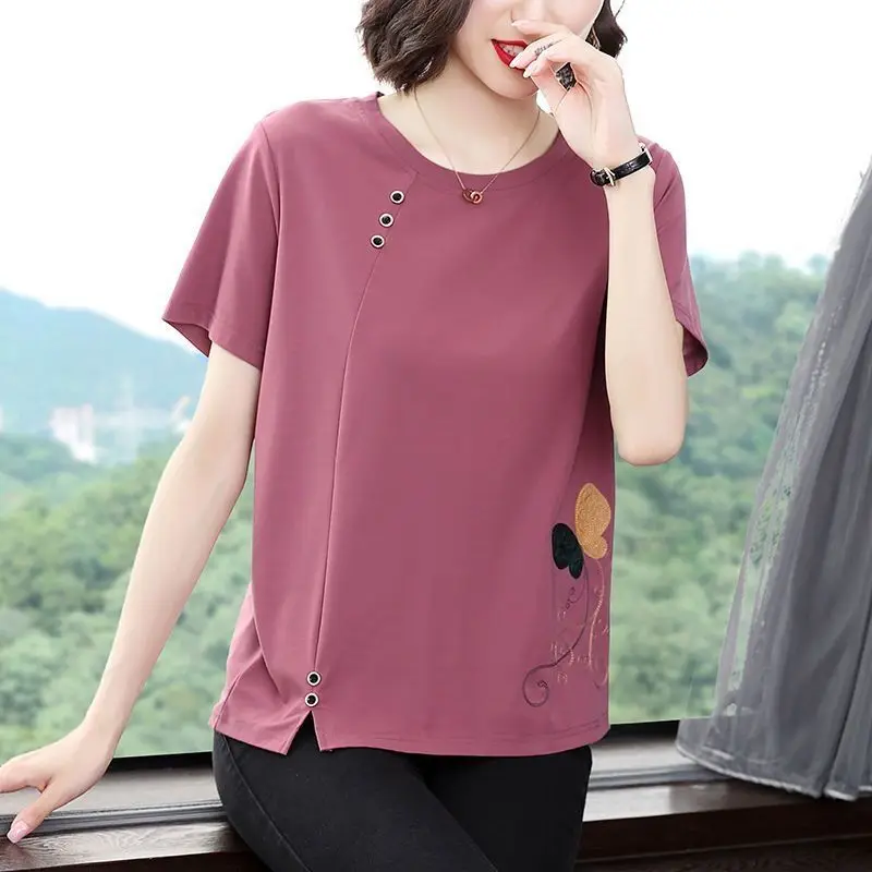 Korean Fashion Summer New Pure Cotton Women\'s O-Neck Embroidered Button Patchwork Casual Loose Short Sleeve T-Shirts Tops
