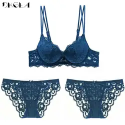 Fashion Push Up Bra Set New Embroidery Blue 1 Bras + 2 Panties Women Lingerie Lace Thick Underwear Set Sexy Brassiere A B C Cup