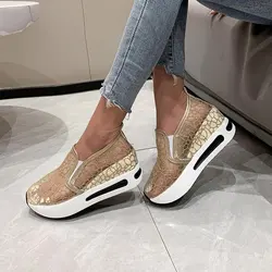 Female Wedge Shoes Sequin Mesh Breathable Shoes Women Gold Silver Platform Sneakers Women Height Increasing Casual Shoes 42