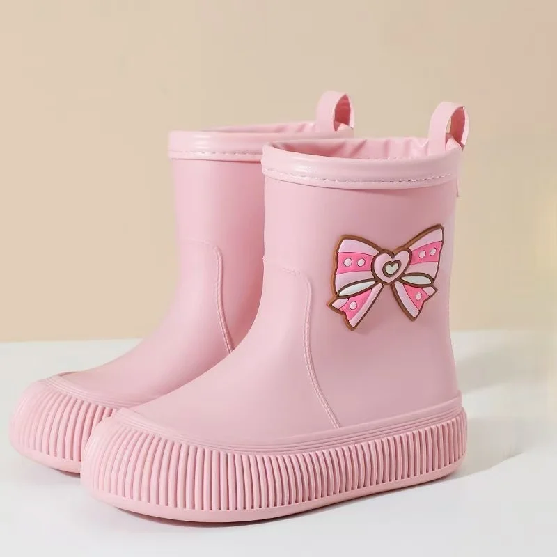 2026 New Women Thick Sole High Top Bow Rain Boots Non Slip Waterproof Detachable Cotton Cover Kitchen Work Shoes Water Shoes