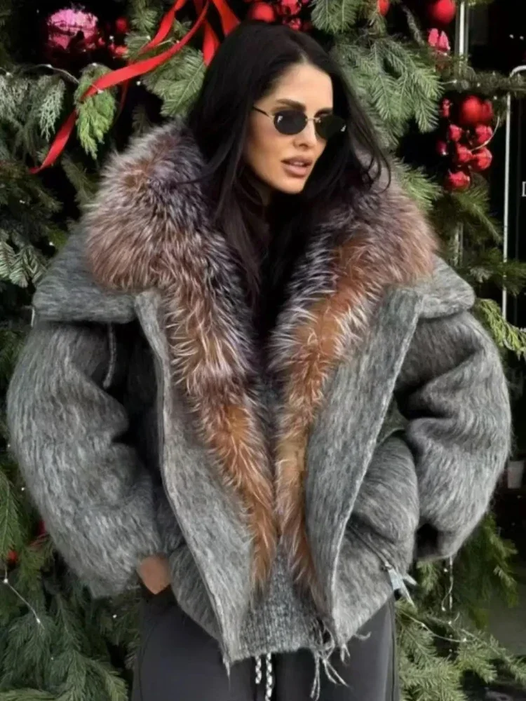 Femmes blanc doudoune d'oie hiver nouvelle mode automne grande fourrure de renard laine chaude fourrure naturelle doudoune véritable manteau de fourrure vêtements