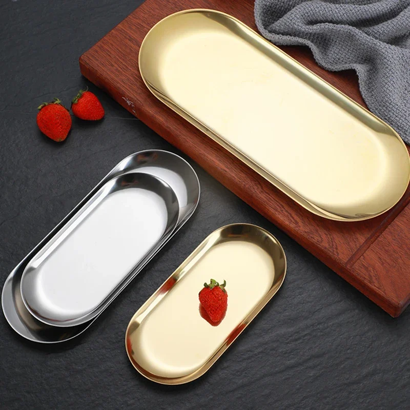 Kitchen Nordic Style Gold Silver Stainless Steel Dessert Dining Plate Nut Cake Fruit Plate Towel Tray Snack Western Steak Plate