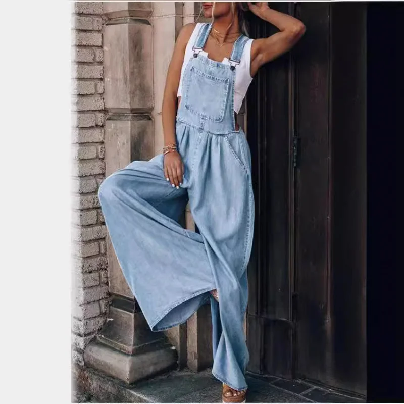 Summer New Women's Loose Side Pocket Sleeveless Denim Overalls High Waist Wide Leg Pants Comfortable Wear Resistant Jeans