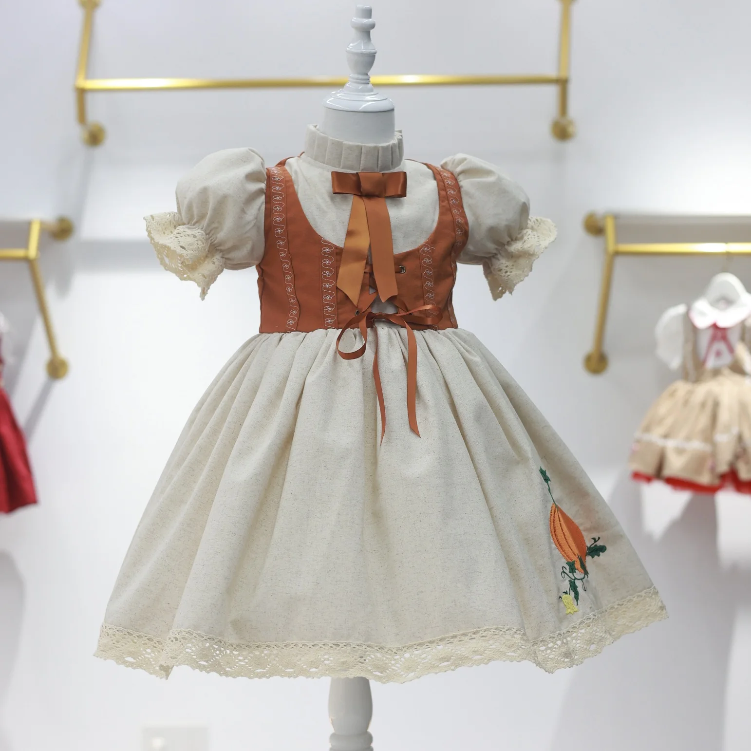 0-12Y Baby Girl Pumpkin Embroidery Turkish Vintage Spanish Princess Beige Dress for Photography Casual Holiday  B177