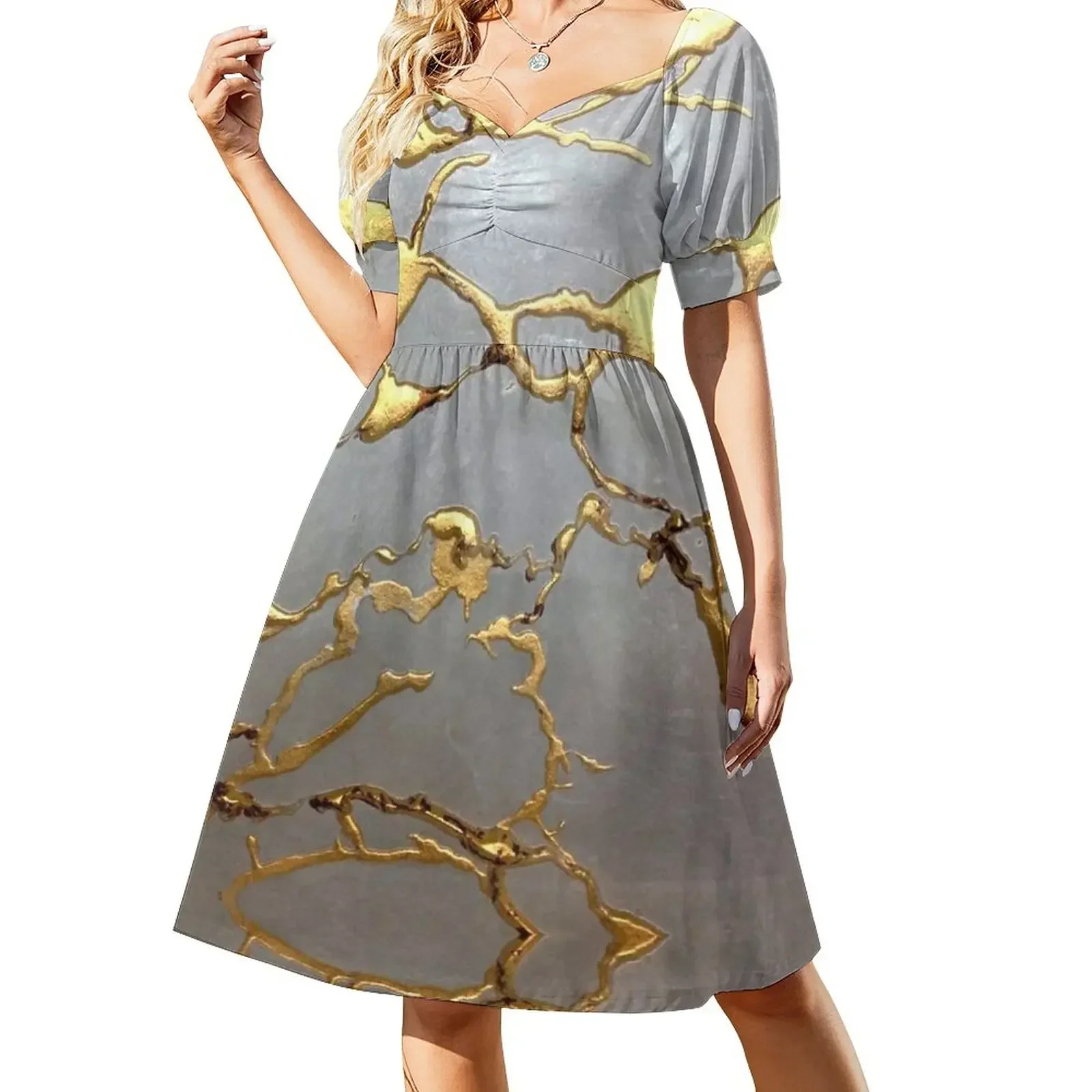 

Faux Gold Leather Stylish Kintsugi Sleeveless Dress women's summer dress 2025 Women's summer suit cocktail dresses Dress