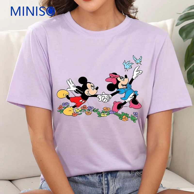 

New Trends 2025 Disney Mickey Minnie Clothes Printed Cotton T-shirt For Couples O-Neck Loose Top Plus Size Top Woman Clothing