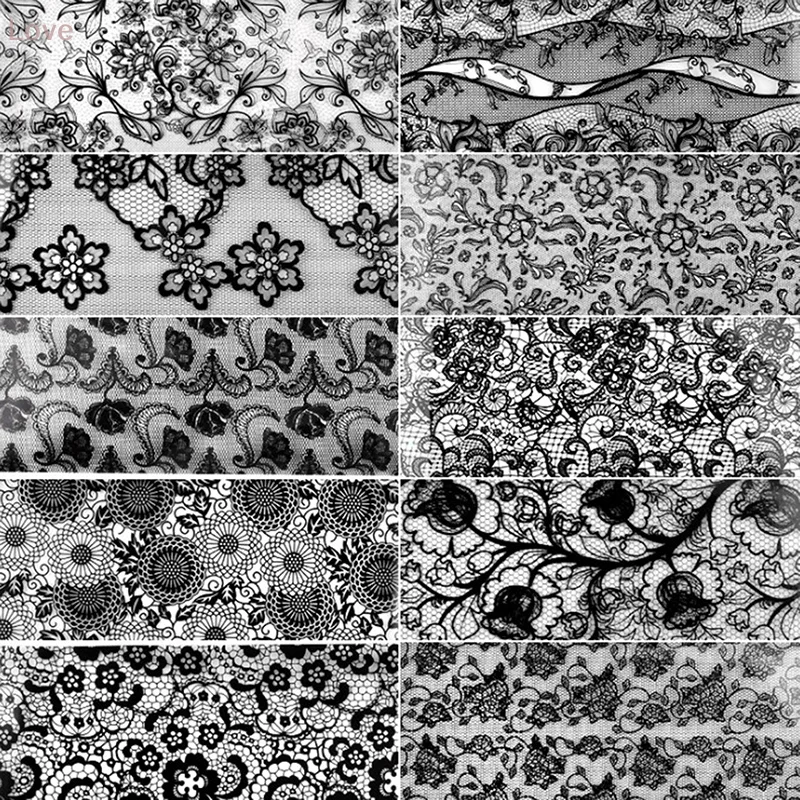10 個白黒レースネイルアート箔セットトップフローラルチャームネイル転写ステッカー紙 DIY マニキュアネイルデコレーションアクセサリー