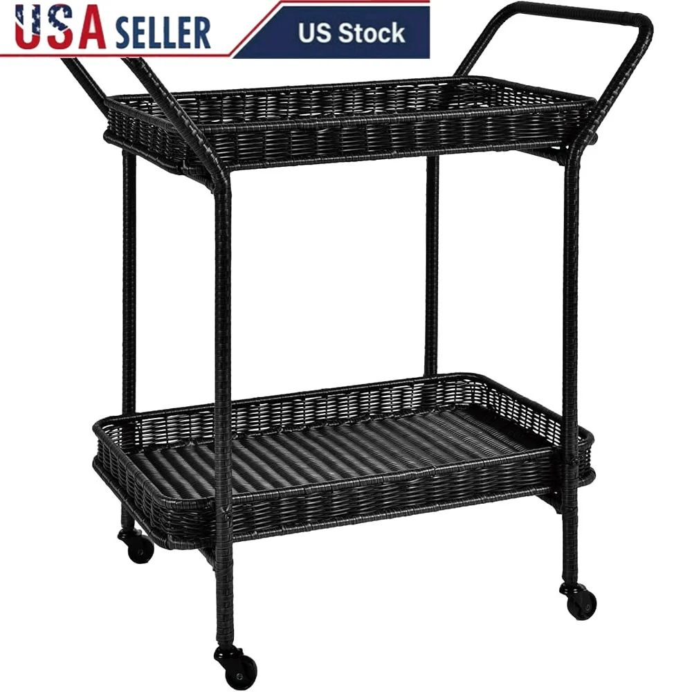 Wicker Patio Serving Cart Steel Frame Durable Outdoor Rolling Cart All Weather Synthetic Resin Wicker Easy Clean Simple Assembly