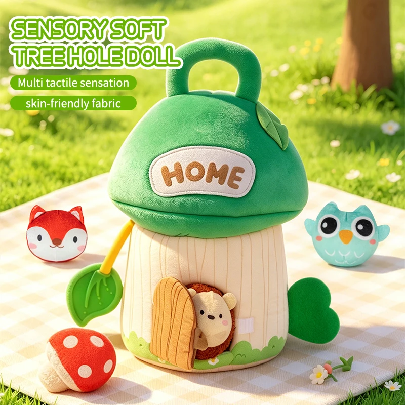Baby Sensory Soft Tree Hole Plush Toy Set Interactive House with Mini Stuffed Animals Toddler Grip Training Gift