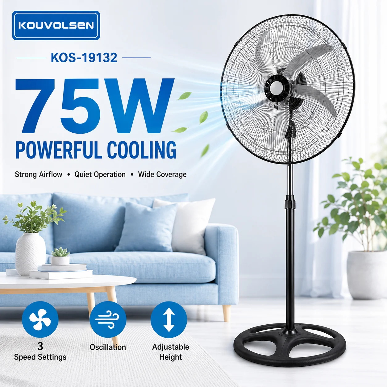 Ventilateur sur pied KOUVOLSEN KOS-19132 75W, 3 vitesses, oscillation, hauteur réglable, pales argentées