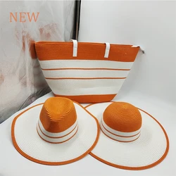 2023 Large Capacity Bag and Straw Hat Set Women's Elegant Handbag Summer Sunscreen Beach Straw Hat Colorful Stripe Design