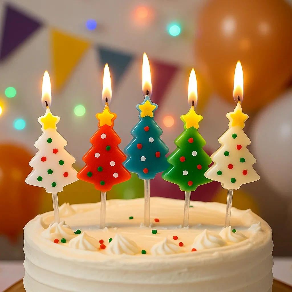 Kreative bunte Weihnachtsbaumkerzen Backdekoration Steckdekoration Grüner Weihnachtsbaum Weihnachtsthema Innenraum-Kuchendekoration