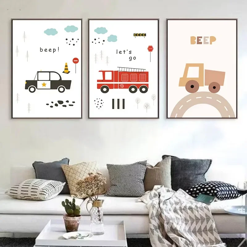 Nordic modern cartoon car ambulance police car fire truck children's bedroom decoration hanging painting core without frame