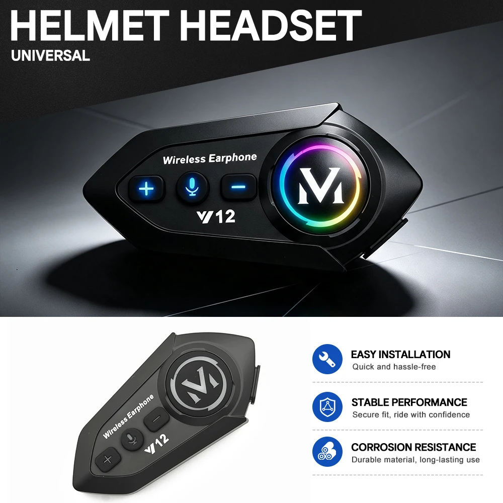 Y12 Pro Dual‑Mic Motorcycle Helmet Headset, 1000mAh, Stereo Bluetooth, Hands‑Free Call, FM Radio, Waterproof
