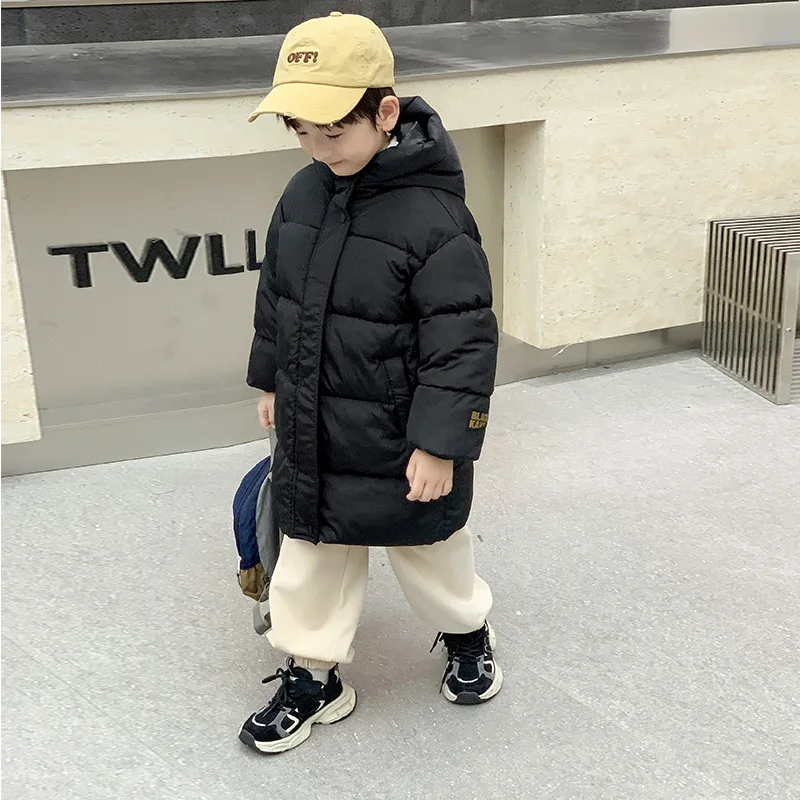 Winter style children's mid-length thick warm cotton coat for boys and girls, large size for middle-aged children, with a hood