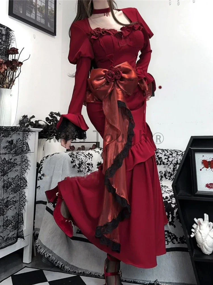 Autumn Red Vintage Dress Women Lace French Retro Elegant Evening Party Dress Female Long Sleeve Chic Midi Dress Halloween 2024